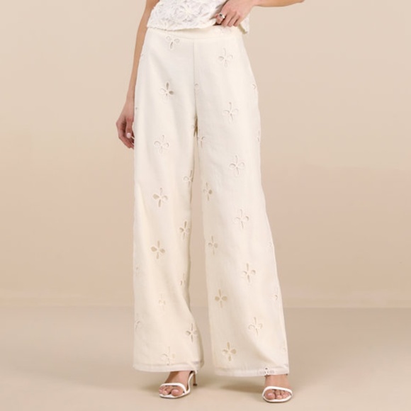 Lulus Pants - Lulus Elif Cream Eyelet Embroidered High-rise Pants White - Size L